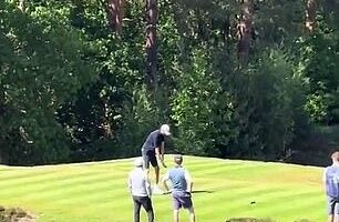 Peter Crouch was filmed shanking his tee shot