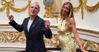 Pregnant Sophie Habboo and Jamie Laing poked  fun at THAT cringe Meghan and Harry dance in an eyebrow-raising Instagram post filmed inside Buckingham Palace on Wednesday