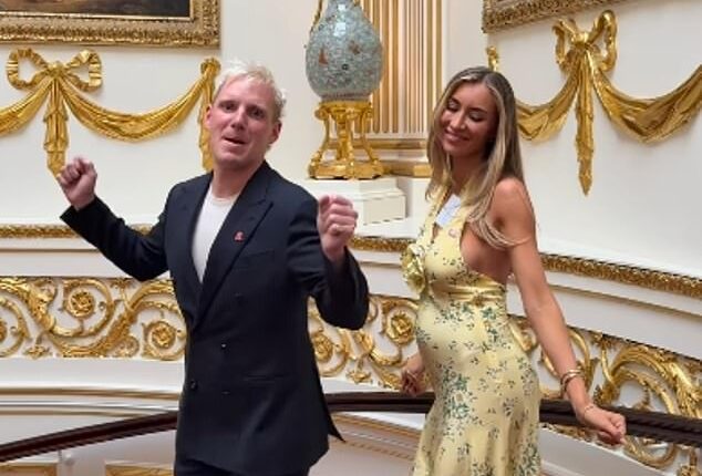 Pregnant Sophie Habboo and Jamie Laing poked  fun at THAT cringe Meghan and Harry dance in an eyebrow-raising Instagram post filmed inside Buckingham Palace on Wednesday