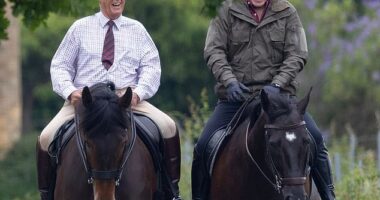 Prince Andrew looked to be in high spirits as he joined his late mother's long-standing stud groom Terry Pendry for a horse ride around Windsor today