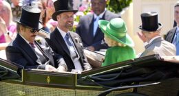 Prince Saud bin Khalid Al-Saud, the Prince of Wales, Queen Camilla and King Charles arriving by carriage at Ascot