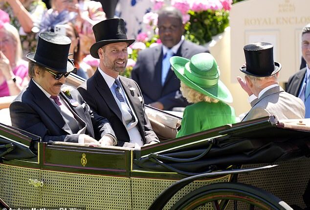 Prince Saud bin Khalid Al-Saud, the Prince of Wales, Queen Camilla and King Charles arriving by carriage at Ascot