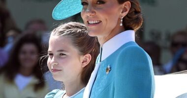 Charlotte took after her mother as they wore matching blue dresses, with Kate picking a blue coat dress from Catherine Walker - complete with a wide-brimmed hat by Juliette Botterill - for today's Trooping the Colour.
