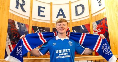 Lyall Cameron is unveiled at Ibrox on Tuesday after he had signed a pre-contract agreement