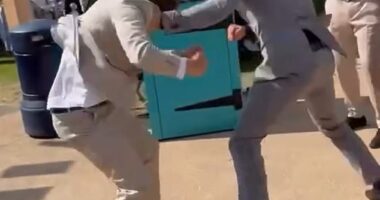 A shocking video has emerged online of two men, who were suited and booted, viciously swinging punches at one another, at the prestigious Berkshire event