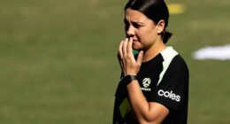 Sam Kerr (pictured training with the Matildas in April) has stunned her fans by jetting back down under to work with the national side