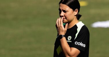 Sam Kerr (pictured training with the Matildas in April) has stunned her fans by jetting back down under to work with the national side
