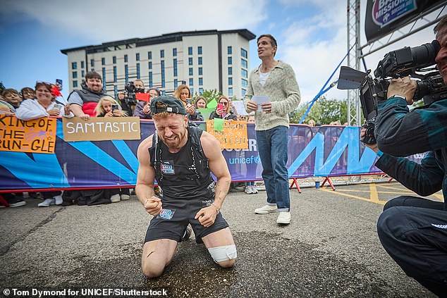 Sam Thompson broke down in tears as he finally completed his gruelling Soccer Aid challenge, raising £1.5 million for Unicef