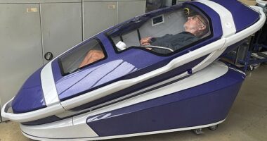 Dr Philip Nitschke, an Australian euthanasia activist dubbed 'Dr Death', inside the pod he invented