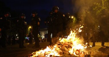 At least 131 people were arrested for football-related violence and looting in the French capital tonight as 'barbarians took to the streets' to watch it burn on Saturday