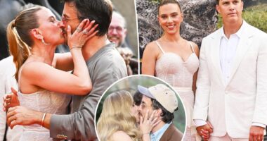 Scarlett Johansson plants a big kiss on Jonathan Bailey in front of husband Colin Jost