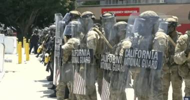 national guard troops in LA with shields