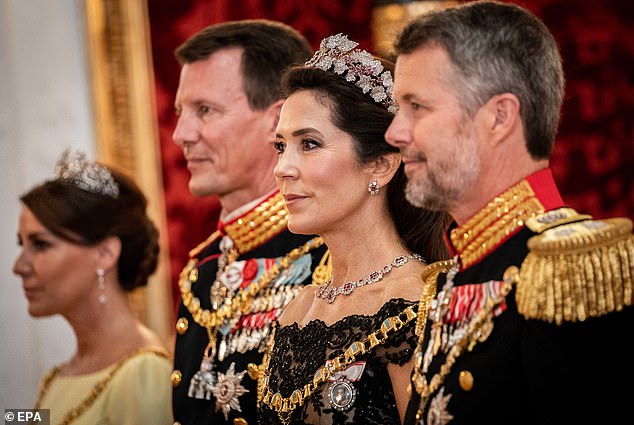 King Frederik and Queen Mary (together right, in 2022) are wrestling with the public perception of a divided royal family while Prince Joachim and Princess Marie (together left) live in the U.S.