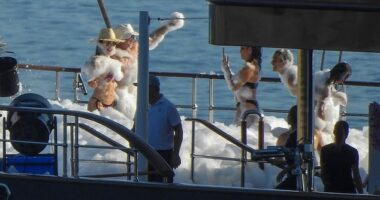 Jeff Bezos and Lauren Sanchez kickstart their Italian weddng festivities with a foam party on the Amazon tycoon's superyacht