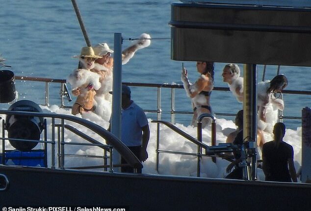 Jeff Bezos and Lauren Sanchez kickstart their Italian weddng festivities with a foam party on the Amazon tycoon's superyacht