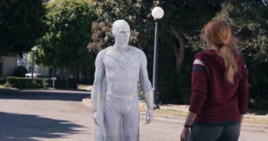 Paul Bettany as The Vision and Elizabeth Olsen as Wanda Maximoff in Marvel Studios' WANDAVISION exclusively on Disney+.