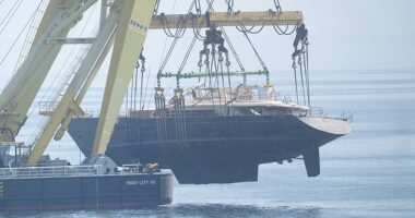 This is the specially built cradle that will hold the wreck of the £25million superyacht Bayesian