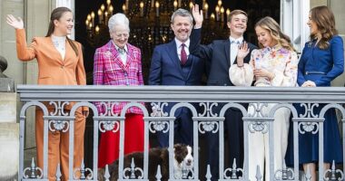One of the Danish royal family's border collies made a surprise appearance on the Amalienborg Palace balcony during the 57th birthday celebration of King Frederik X (centre). Also in attendance were (L-R) Princess Isabelle, Queen Margrethe, Prince Vincent, Princess Josephine and Queen Mary