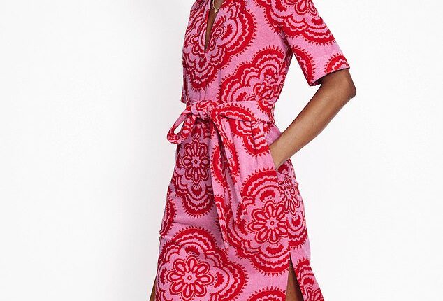 Boden¿s notch-collared towelling dress (£98, boden.com) with elbow-length sleeves and a side split in a pink and red tile print is a classy alternative to the classic beach cover up