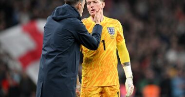 England boss Thomas Tuchel (left) says Jordan Pickford (right) is his No 1 keeper... for now