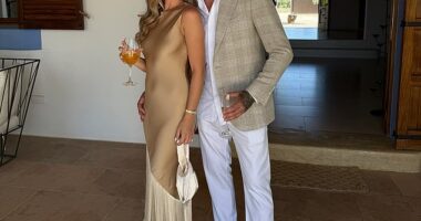 Tia Lineker put on a glamorous display as she posed with her father Wayne at a family wedding over the weekend