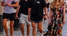 Tom Brady (left) is seen enjoying a morning walk in Venice Saturday with Orlando Bloom (second from right) and Sydney Sweeney (right) after Jeff Bezos' wedding to Lauren Sanchez