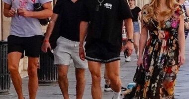 Tom Brady (left) is seen enjoying a morning walk in Venice Saturday with Orlando Bloom (second from right) and Sydney Sweeney (right) after Jeff Bezos' wedding to Lauren Sanchez