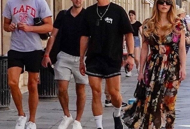 Tom Brady (left) is seen enjoying a morning walk in Venice Saturday with Orlando Bloom (second from right) and Sydney Sweeney (right) after Jeff Bezos' wedding to Lauren Sanchez