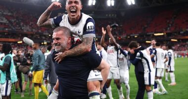 Pedro Porro, pictured riding on the back of Ange Postecoglou following last month's Europa League final, wrote an emotional message after Tottenham sacked their manager on Friday