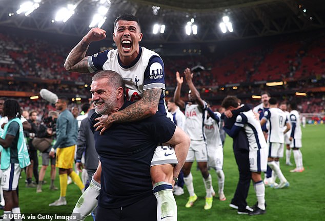 Pedro Porro, pictured riding on the back of Ange Postecoglou following last month's Europa League final, wrote an emotional message after Tottenham sacked their manager on Friday