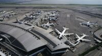 The Federal Aviation Administration announced a ground stop at John F Kennedy International Airport (pictured) due to severe thunderstorms in the area which has sent air travel delays spiraling out of control