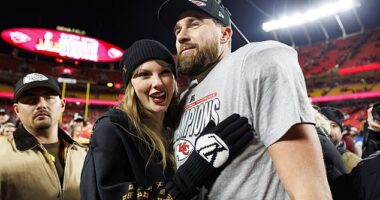 Travis Kelce, pictured with girlfriend Taylor Swift in January after a Kansas City Chiefs game