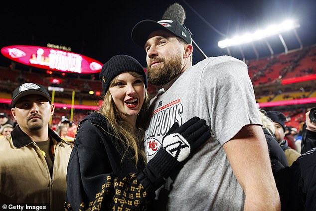 Travis Kelce, pictured with girlfriend Taylor Swift in January after a Kansas City Chiefs game