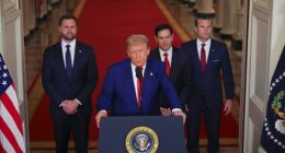 President Donald Trump (center left) gave brief remarks about the U.S.'s strikes in Iran alongside (from left) Vice President J.D. Vance, Secretary of State Marco Rubio and Defense Secretary Pete Hegseth