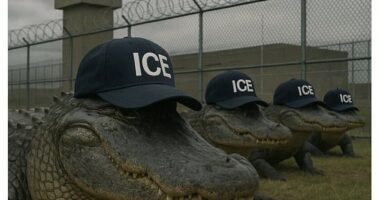 The Department of Homeland Security brazenly stoked fear with an AI-generated meme showing snarling alligators in ICE baseball caps patrolling the swampy grounds of the future facility dubbed 'Alligator Alcatraz.'