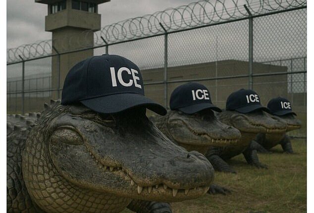 The Department of Homeland Security brazenly stoked fear with an AI-generated meme showing snarling alligators in ICE baseball caps patrolling the swampy grounds of the future facility dubbed 'Alligator Alcatraz.'