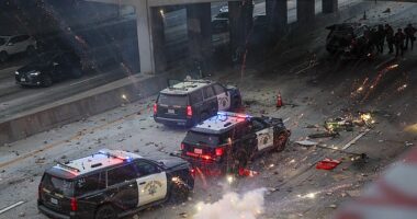 LA police officers were forced to take cover after their cars were attacked during wild and vicious scenes on Sunday