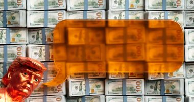 Trump figurine in front of stacks of cash