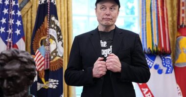 Tesla CEO Elon Musk listens as U.S. President Donald Trump speaks to reporters in the Oval Office