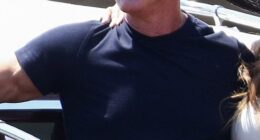 Jeff Bezos, 61, continued with his understated ensembles today in a lackluster combination of a tight black T-shirt and light grey pants for his water taxi journey around the Venetian canals with his new bride