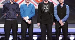 The X Factor star David Heath, 39, has welcomed his second child; pictured with his band Eton Road L-R David, Daniel Morris, Anthony Hannah and James Edwards