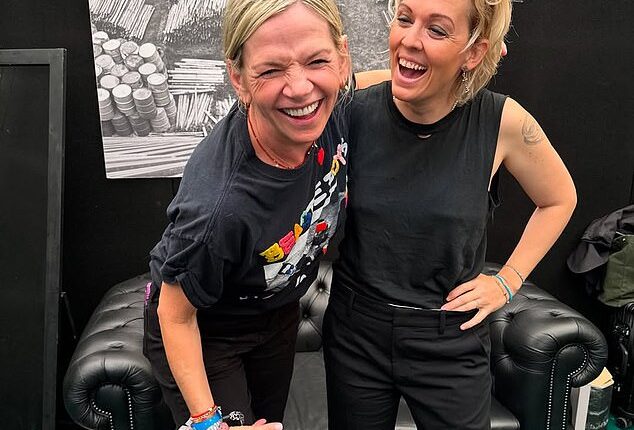 Presenter Zoe Ball (left) made her big BBC Radio 2 return live at Glastonbury this weekend after she was spotted looking 'blissfully happy' with a mystery man (pictured with singer Brandi Carlile)