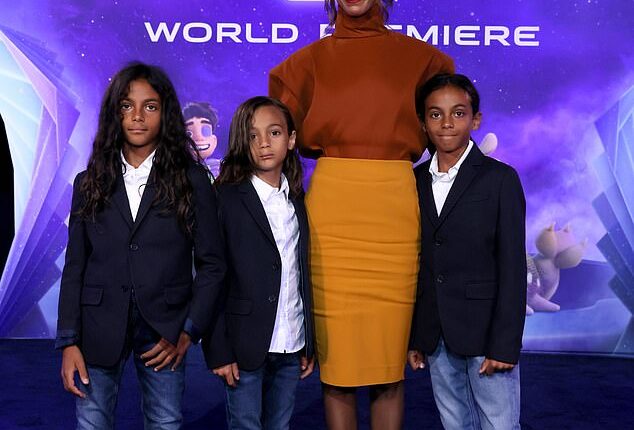Zoe Saldaña brought all three of her sons to the world premiere of Elio, which was held at El Capitan Theatre in Hollywood on Tuesday