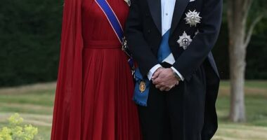 The Prince and Princess of Wales pictured in attendance at this evening's state banquet at Windsor