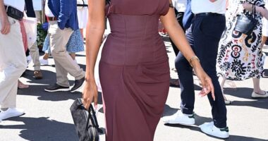 Maya Jama wows in figure-hugging burgundy dress as she led a star-studded day at the women's singles final at Wimbledon on Saturday