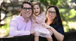 Brisbane City councillor Ryan Murphy, 36, was inspired to start a health kick following the birth of his daughter Elodie (centre) with wife Emma Yabsley (right) - but was stunned to discover he had stage two prostate cancer
