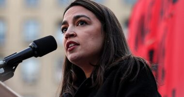 U.S. Representative Alexandria Ocasio-Cortez (D-NY) speaks during a May Day rally in New York City, U.S., May 1, 2025