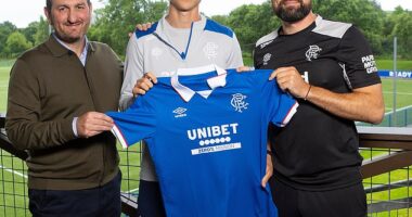 Aasgaard (centre) was delighted to link up with Russell Martin (right) at Rangers