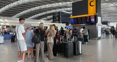 A line of passengers waiting in Heathrow airport yesterday amid airport chaos caused by a NATS technical failure
