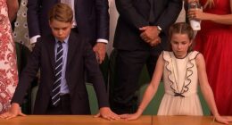 Prince George (pictured, left) and Princess Charlotte (pictured, right) appear to look disappointed after Alcaraz lost the Wimbledon men's final